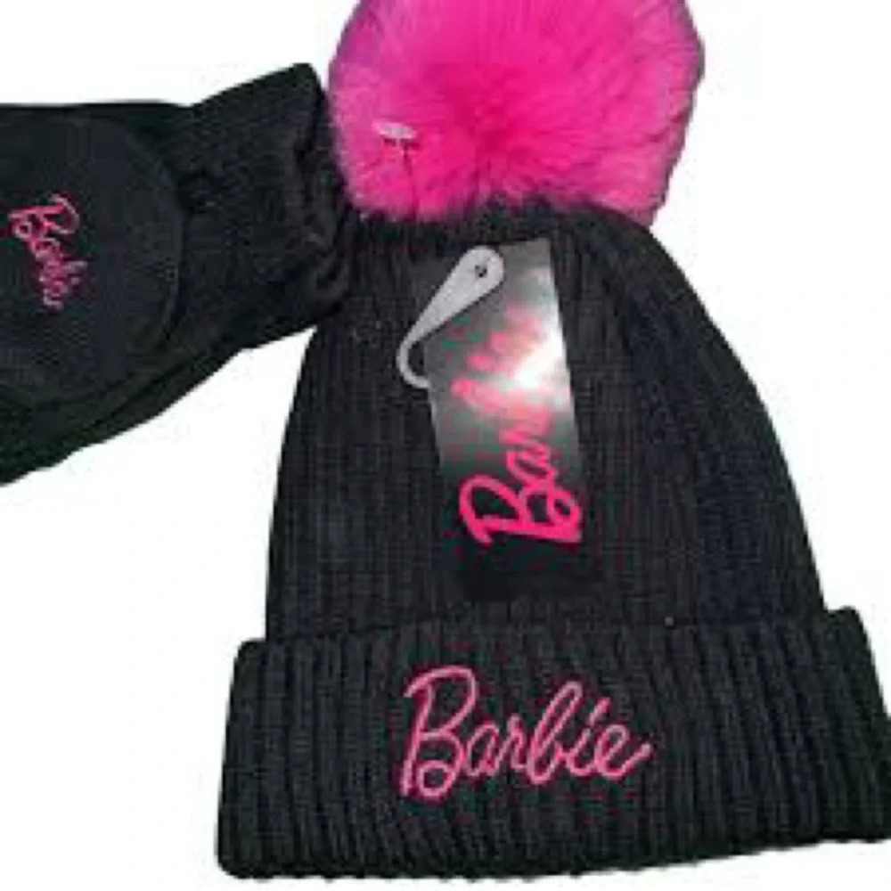 NWT Barbie Doll Logo Sig Black Pink Pom Pom Knit Ski Hat Beanie Cap Y2K Gift